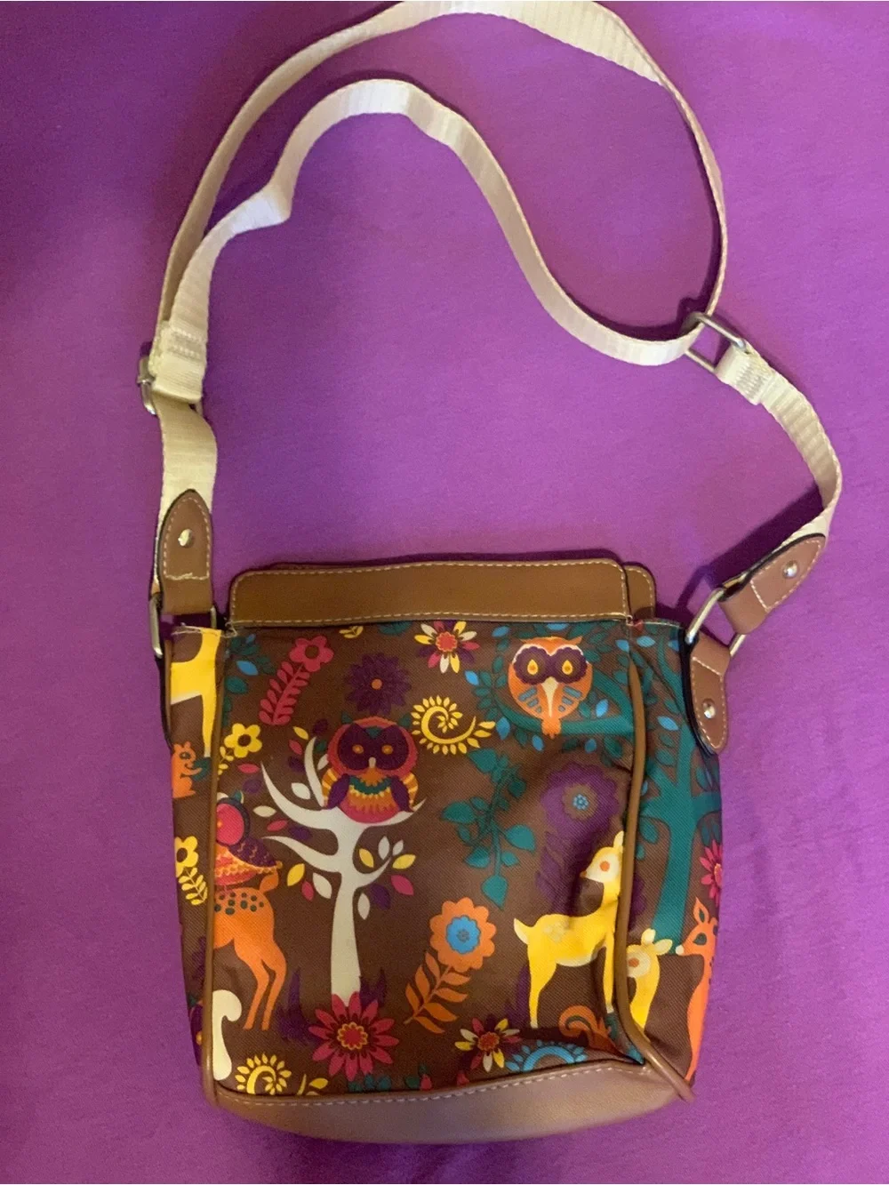 Lily Bloom Brown Owl/ Forest Print Multicolor Crossbody Bag with Cream Strap